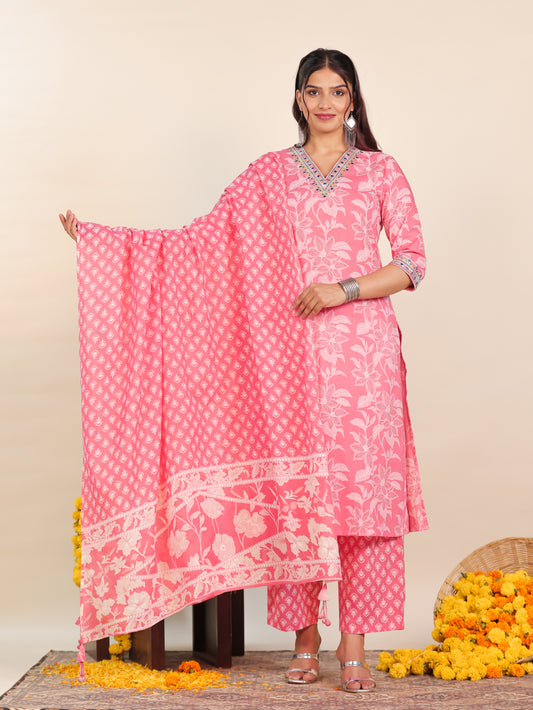 Embroidered Soft Cotton Floral Straight Peach Kurta