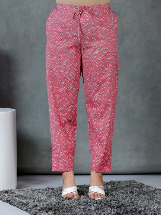 Soft Cotton Floral Pink Tapered Trousers