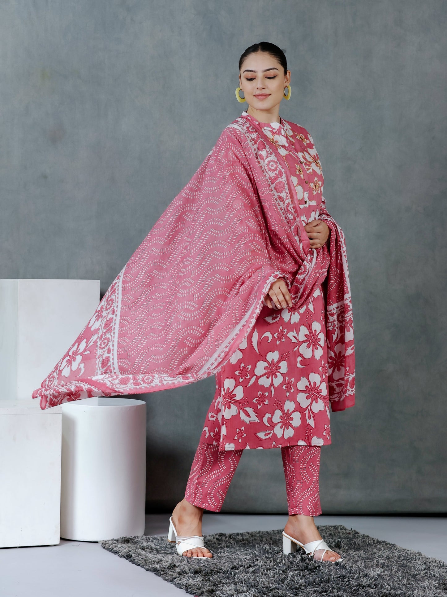 Cotton Voile Floral Pink Dupatta