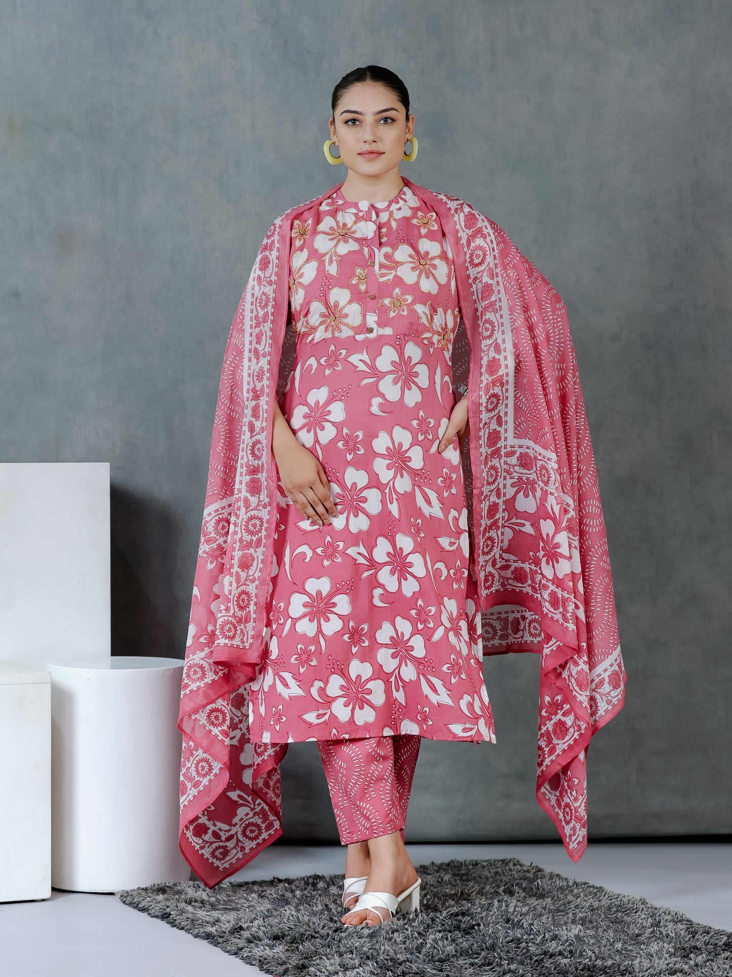 Cotton Voile Floral Pink Dupatta