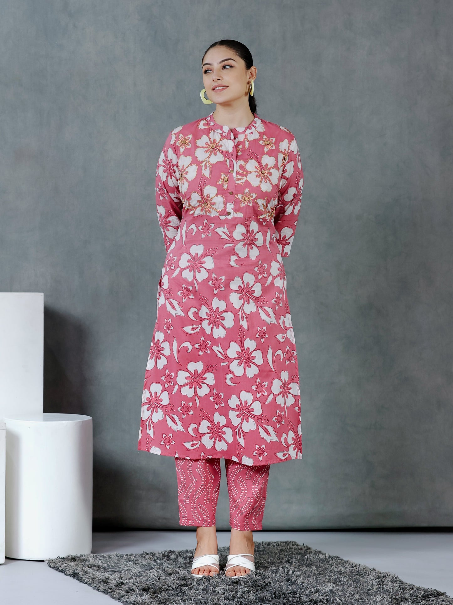 Embroidered Soft Cotton Floral Pink Kurta