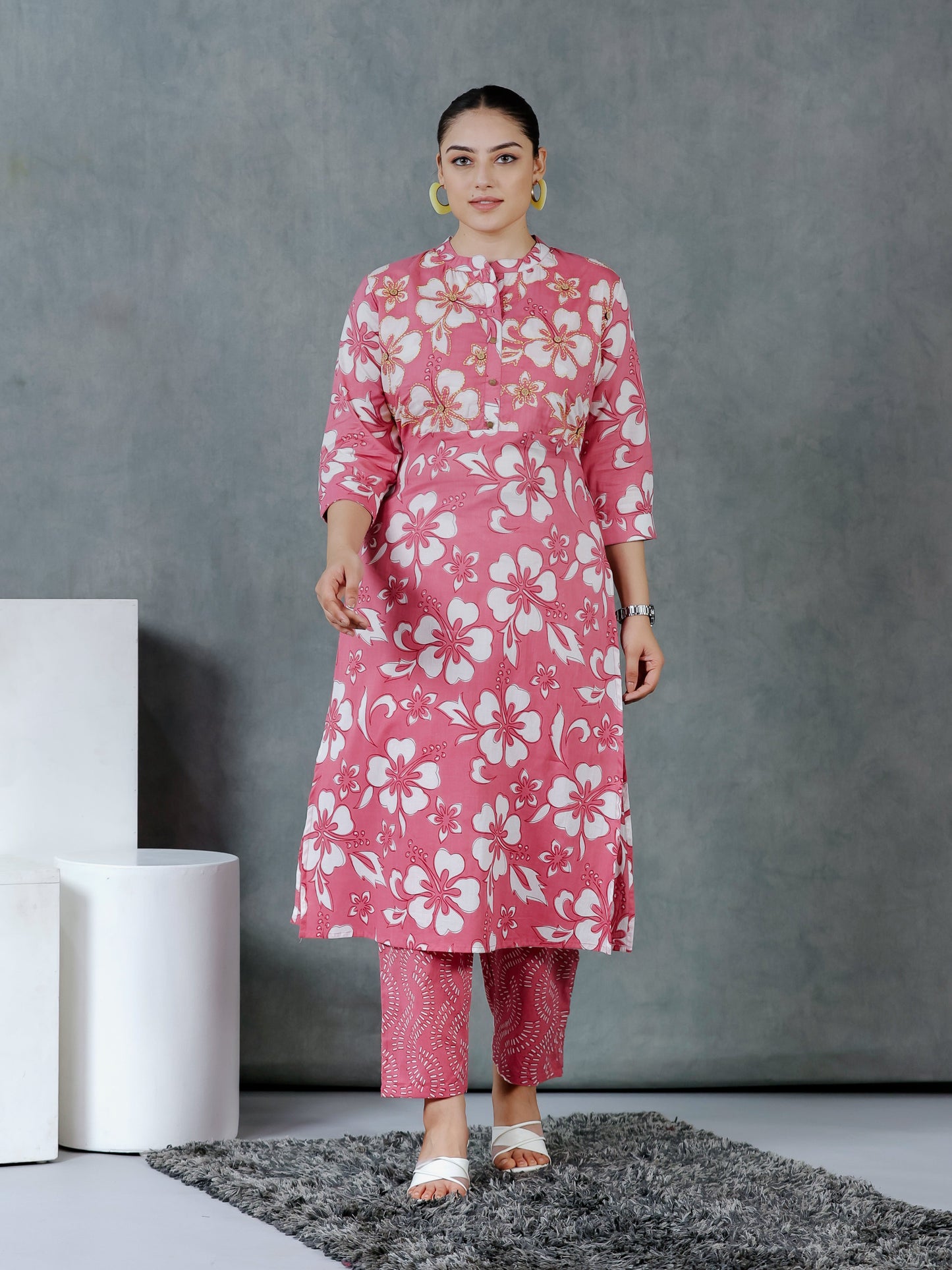 Embroidered Soft Cotton Floral Pink Kurta