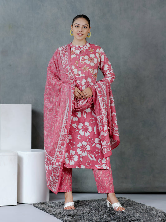 Embroidered Soft Cotton Floral Pink Kurta