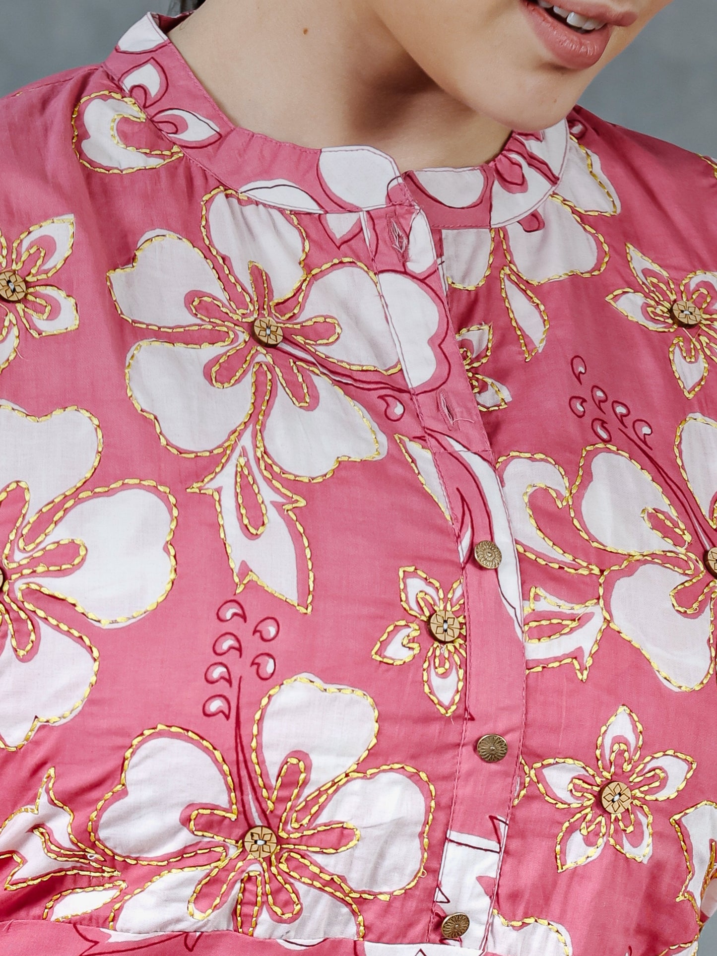 Embroidered Soft Cotton Floral Pink Kurta