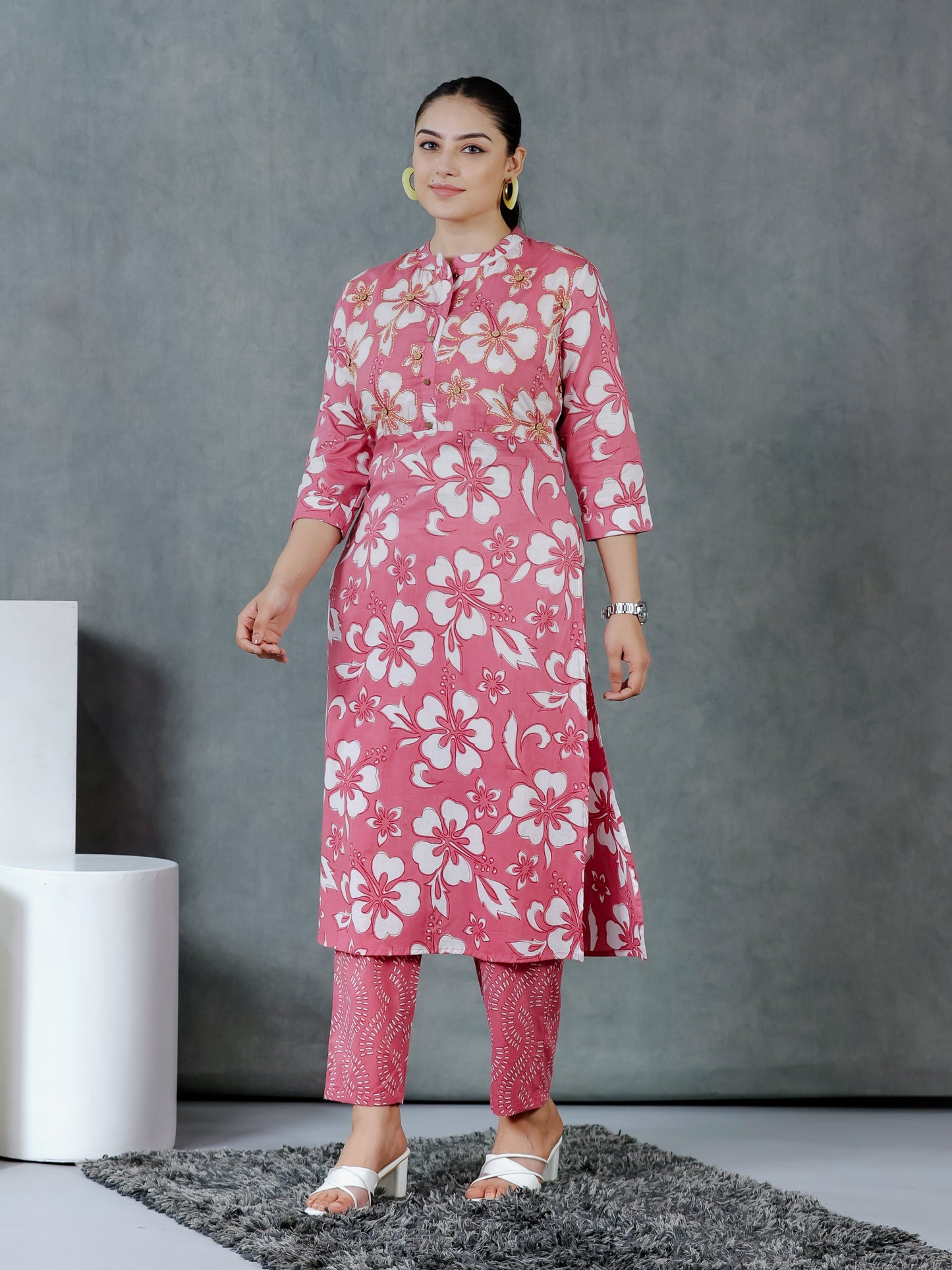 Embroidered Soft Cotton Floral Pink Kurta