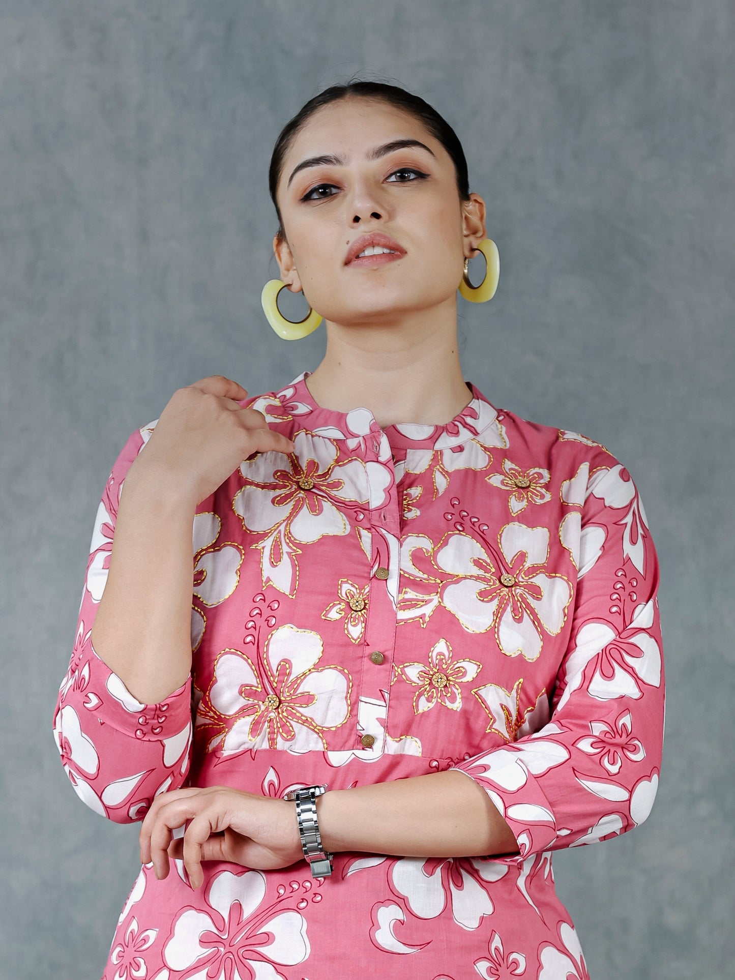 Embroidered Soft Cotton Floral Pink Kurta