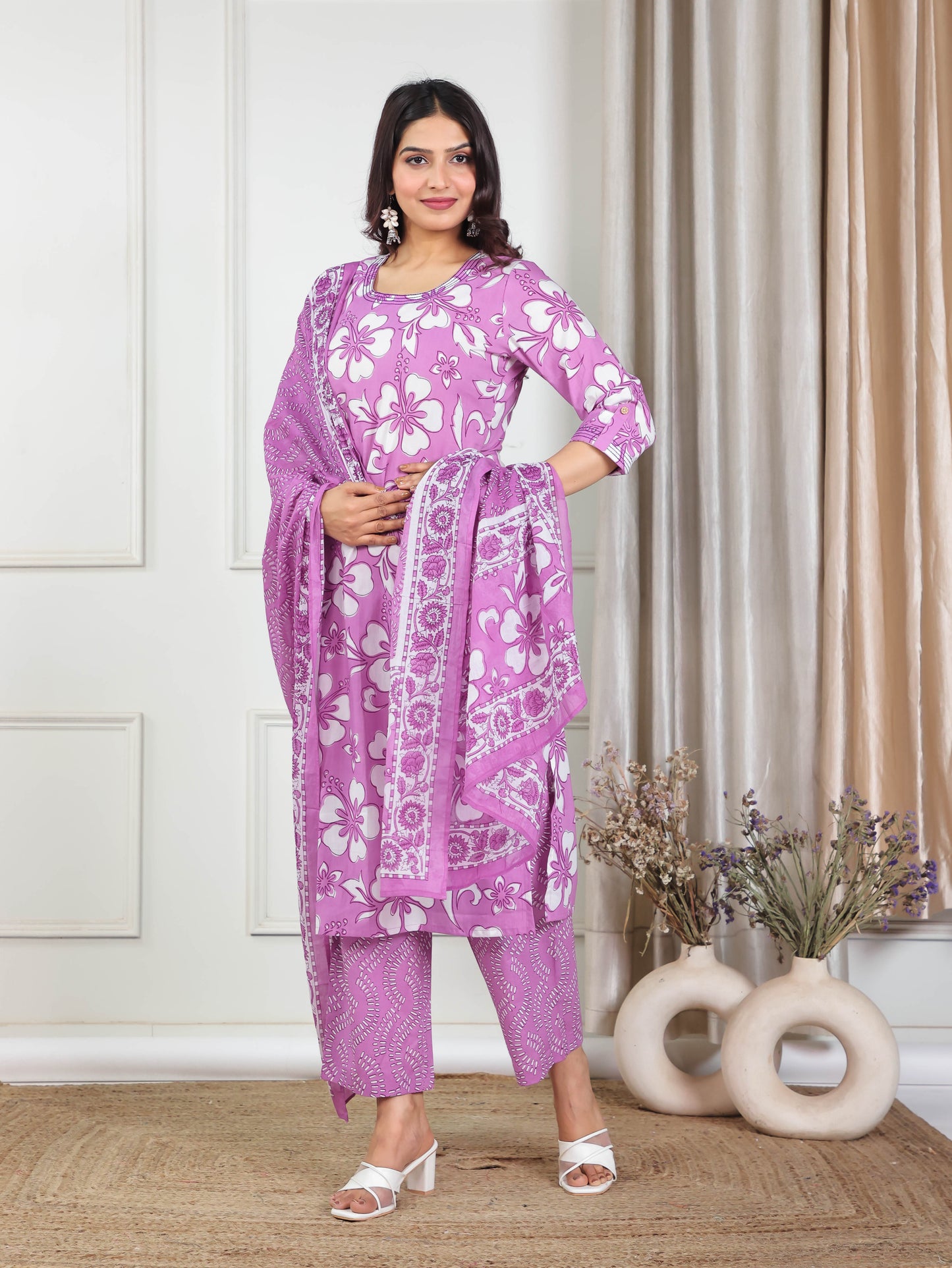 Embroidered Soft Cotton Floral Straight Purple Kurta