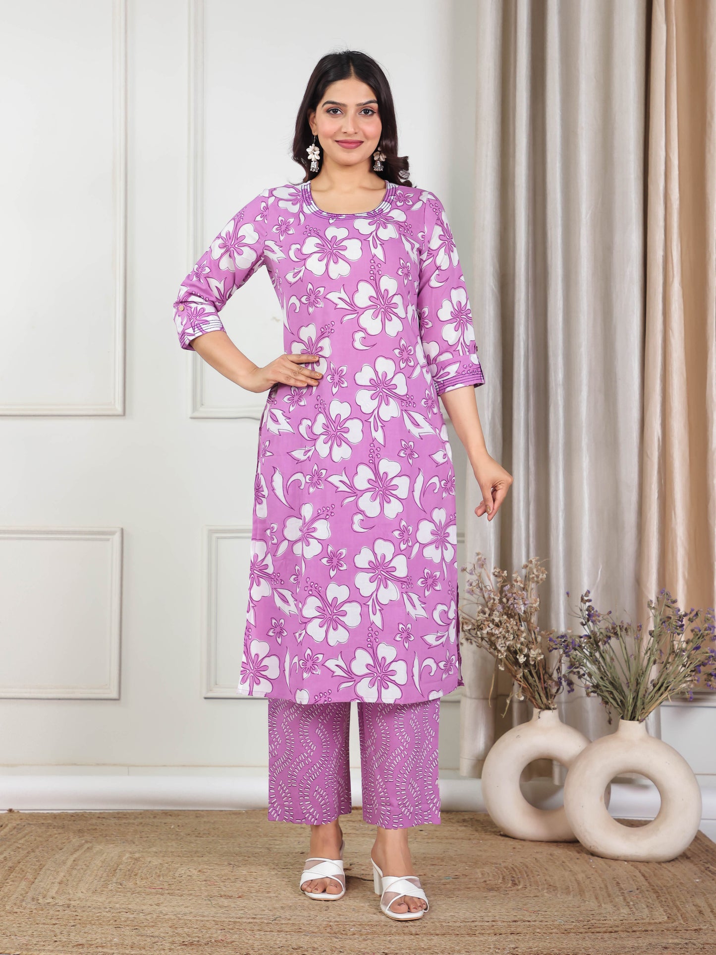 Embroidered Soft Cotton Floral Straight Purple Kurta