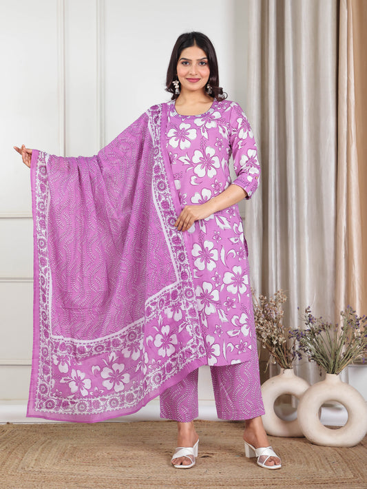 Embroidered Soft Cotton Floral Straight Purple Kurta