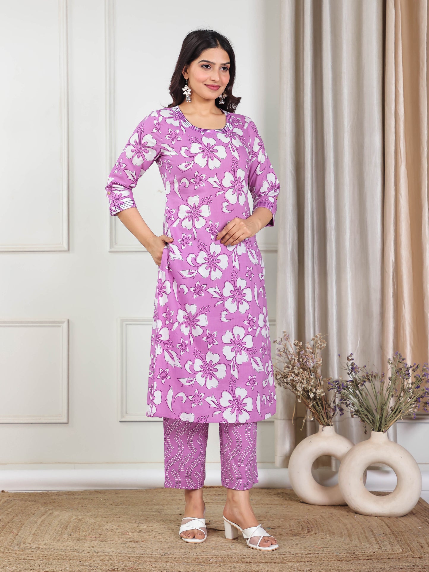 Embroidered Soft Cotton Floral Straight Purple Kurta