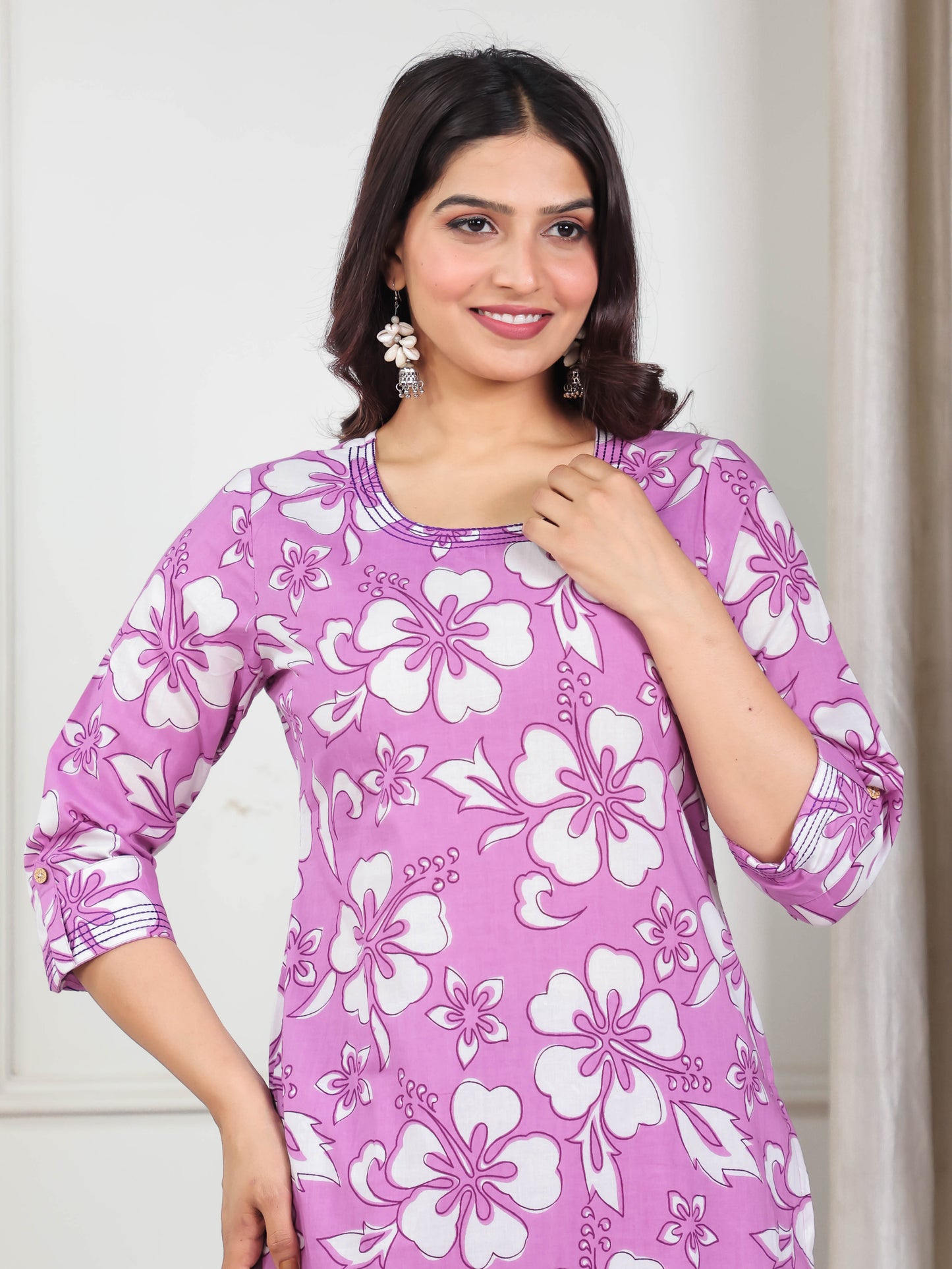 Embroidered Soft Cotton Floral Straight Purple Kurta