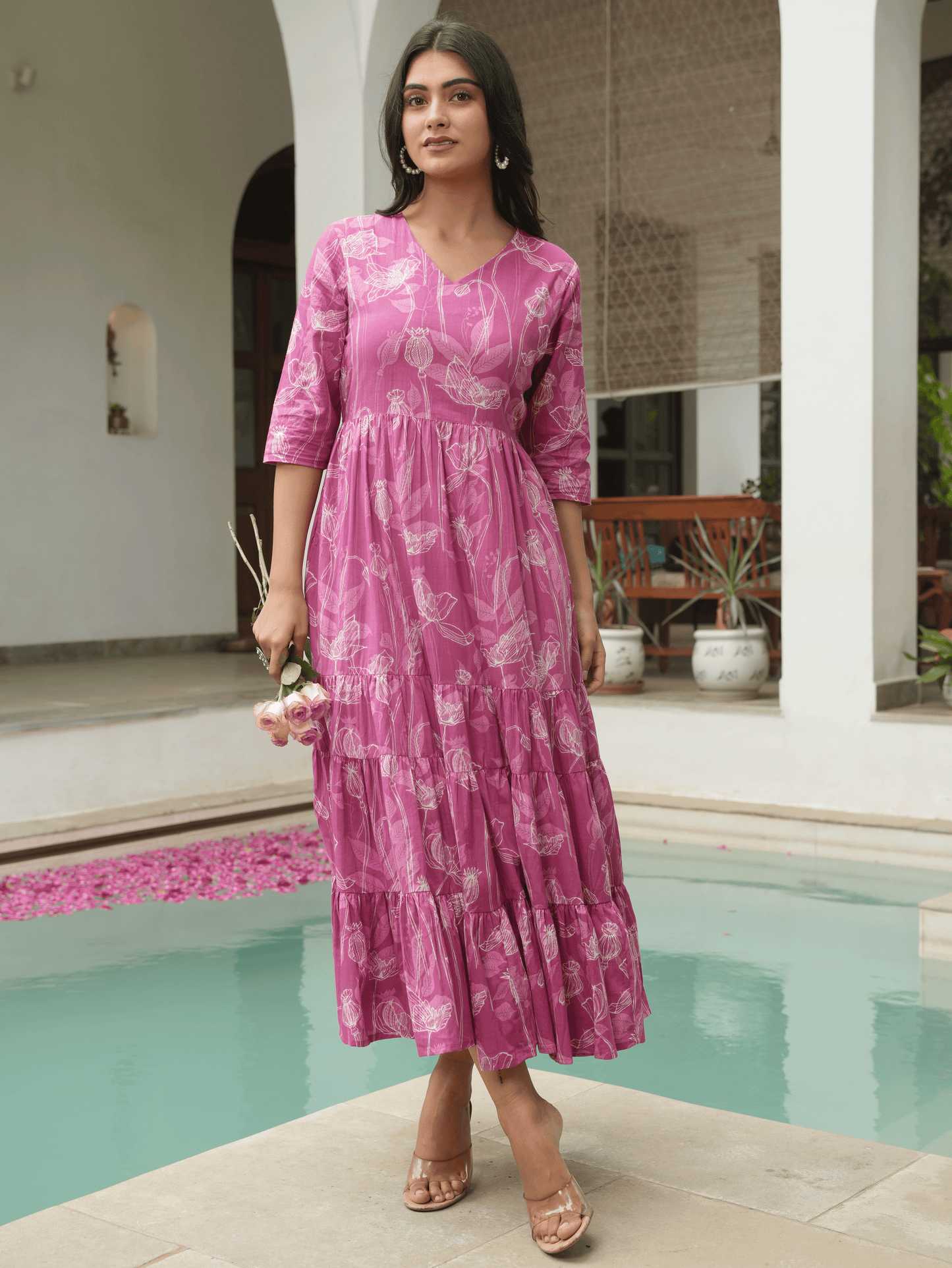 Soft Cotton Abstract Tiered Purple Dress