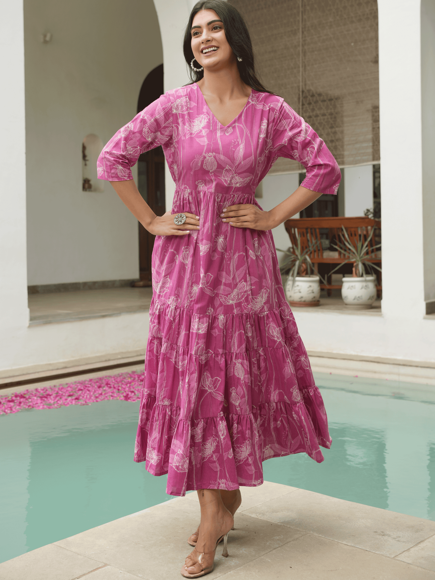 Soft Cotton Abstract Tiered Purple Dress