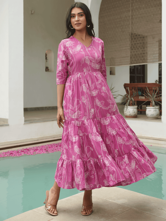 Soft Cotton Abstract Tiered Purple Dress