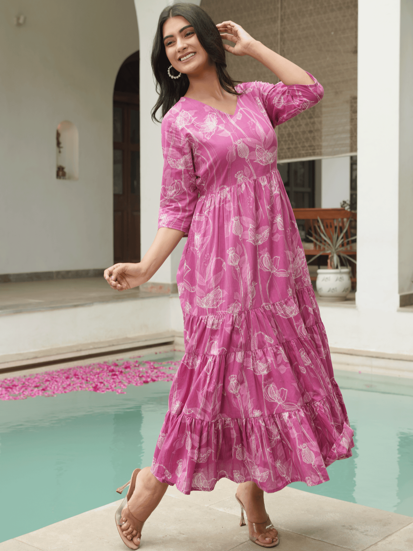 Soft Cotton Abstract Tiered Purple Dress