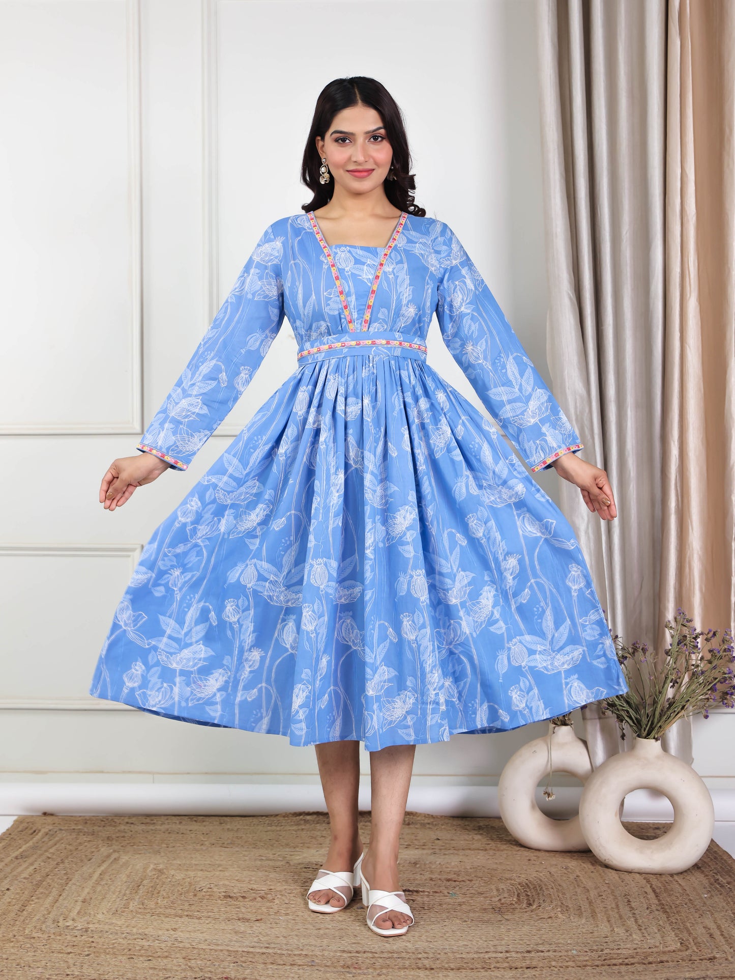 Embroidered Soft Cotton Abstract Gathered Blue Dress