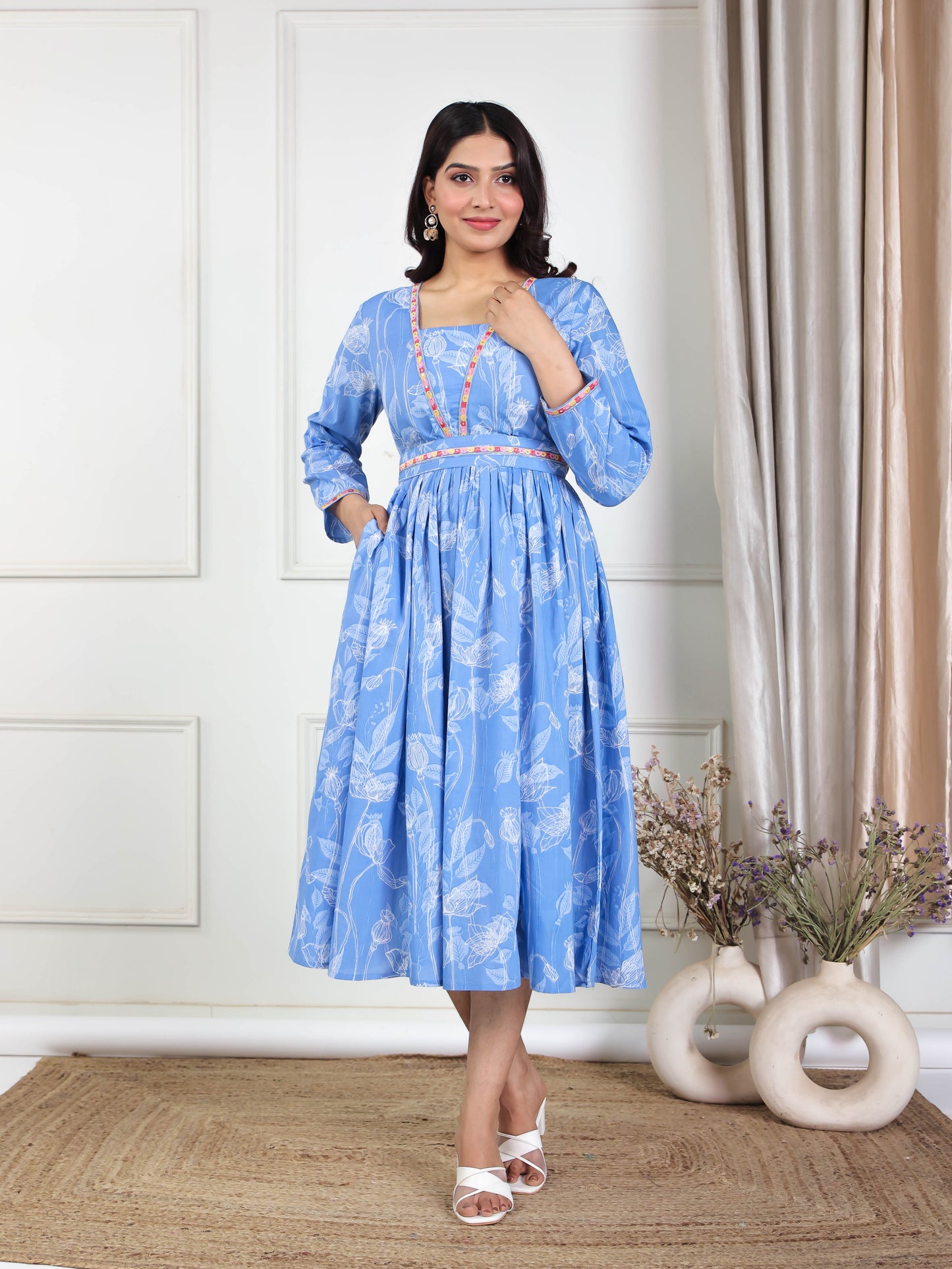 Embroidered Soft Cotton Abstract Gathered Blue Dress