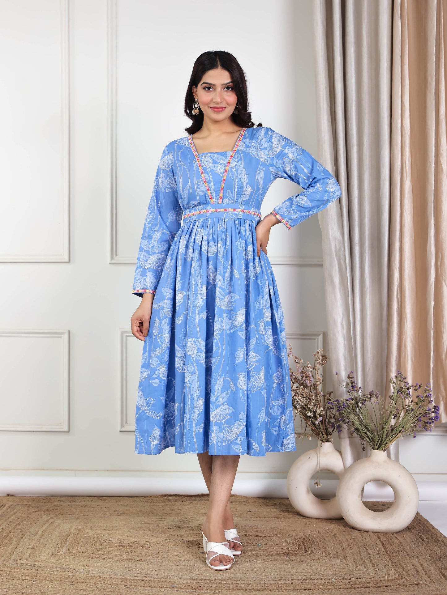Embroidered Soft Cotton Abstract Gathered Blue Dress