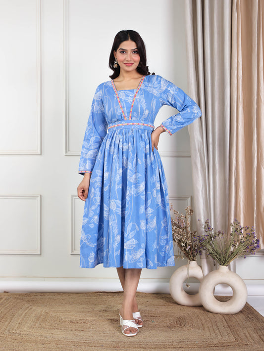 Embroidered Soft Cotton Abstract Gathered Blue Dress