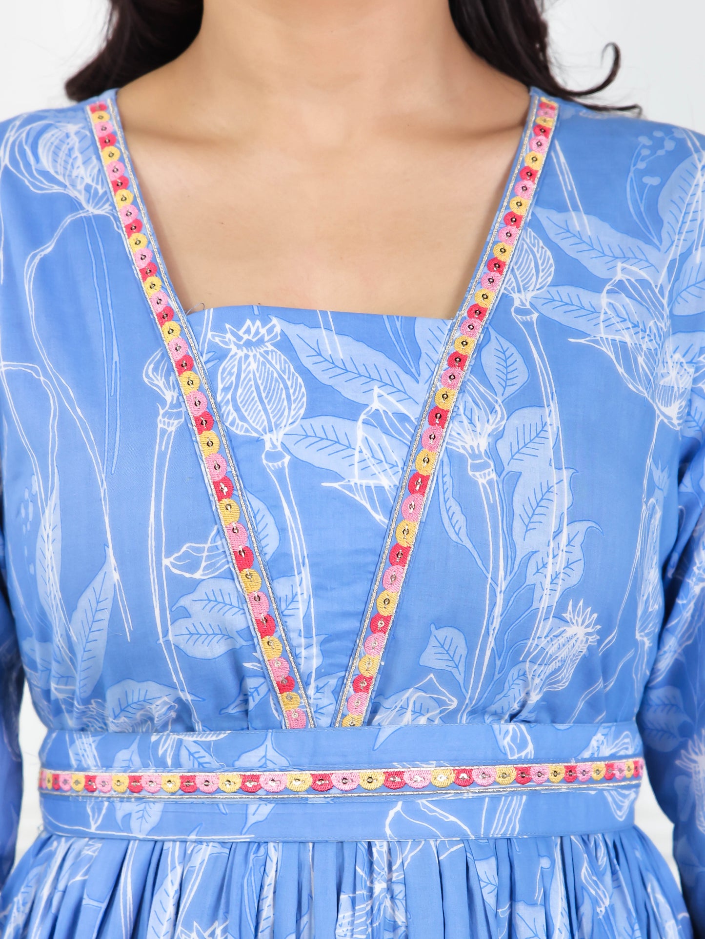Embroidered Soft Cotton Abstract Gathered Blue Dress