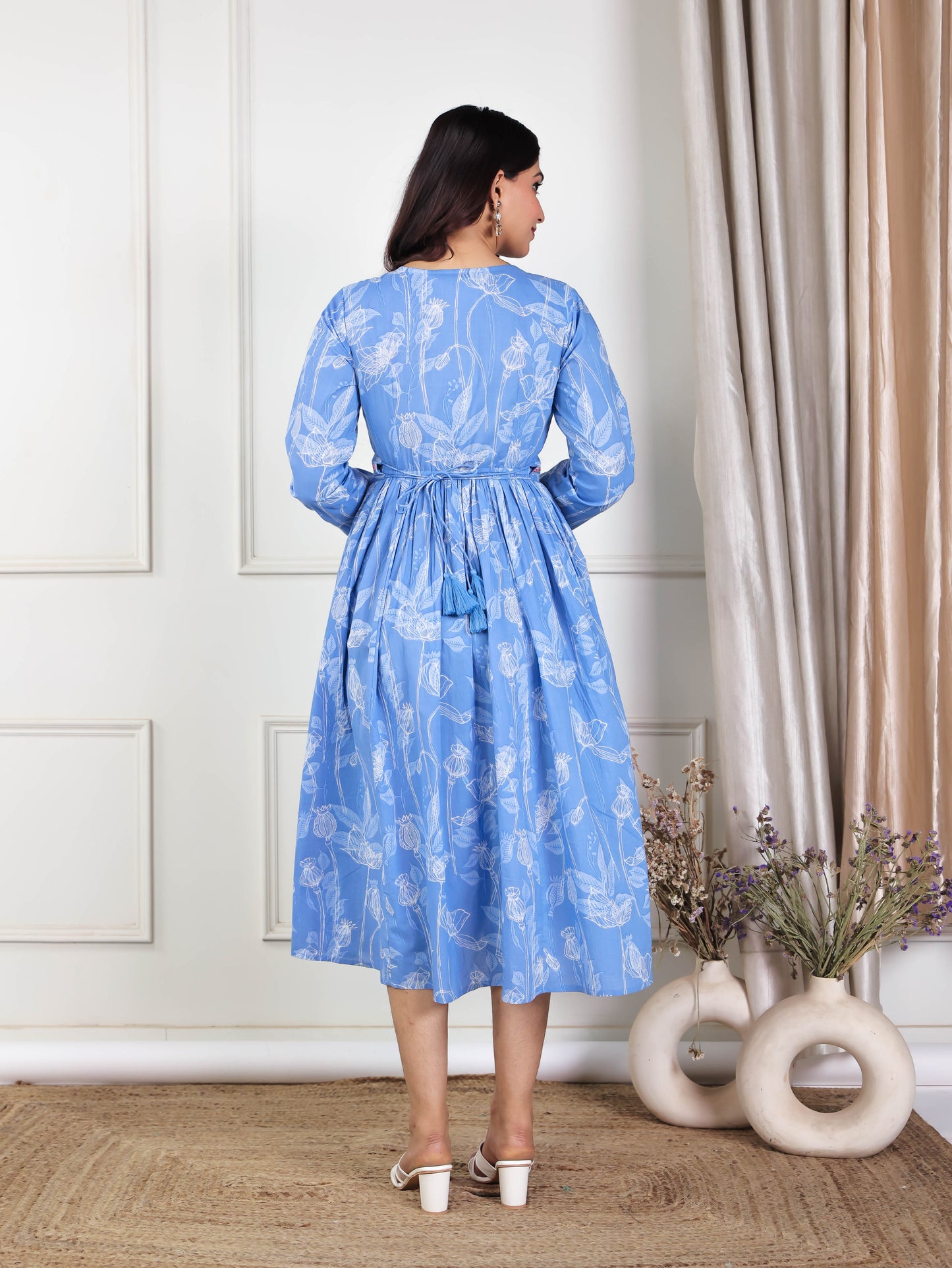 Embroidered Soft Cotton Abstract Gathered Blue Dress