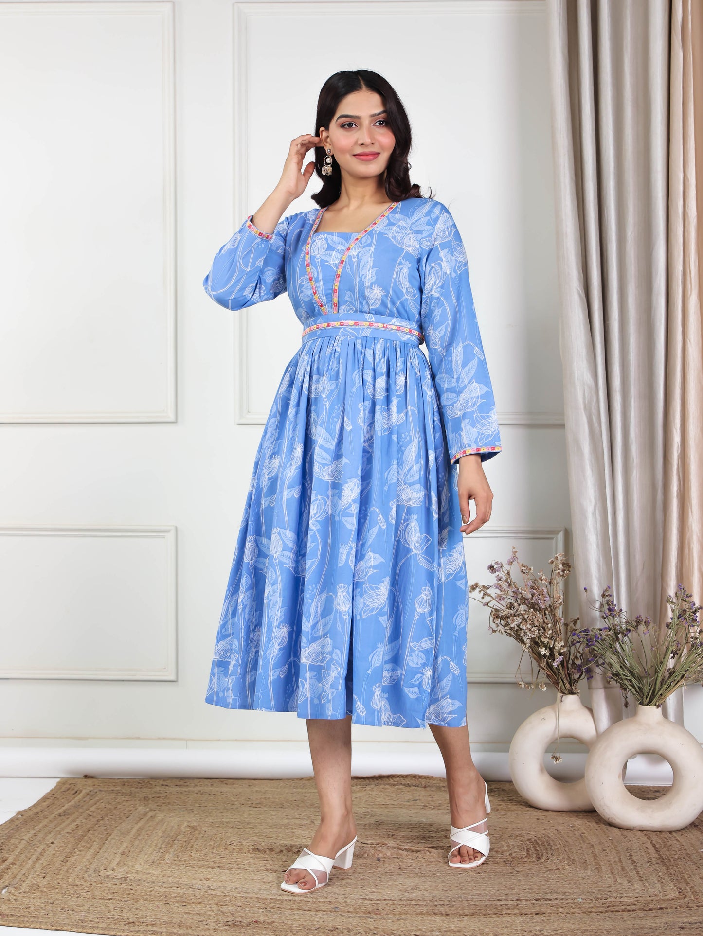 Embroidered Soft Cotton Abstract Gathered Blue Dress
