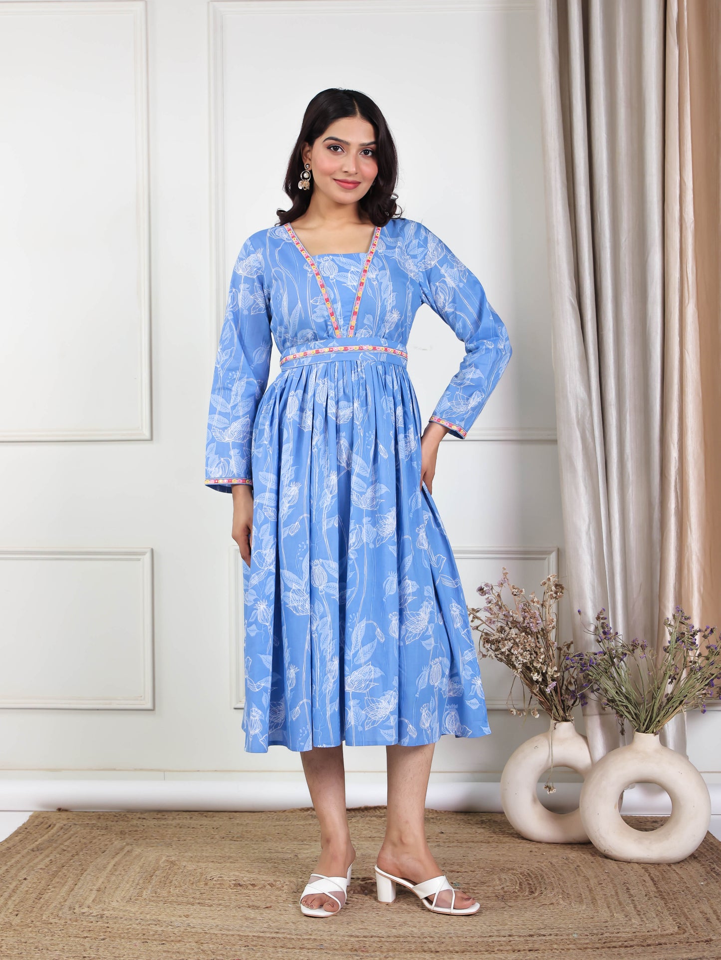 Embroidered Soft Cotton Abstract Gathered Blue Dress
