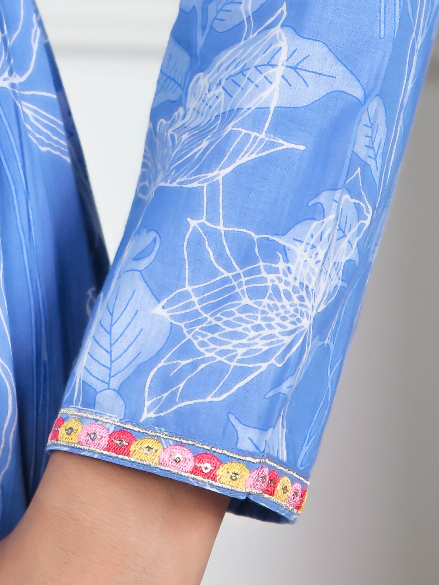 Embroidered Soft Cotton Abstract Gathered Blue Dress