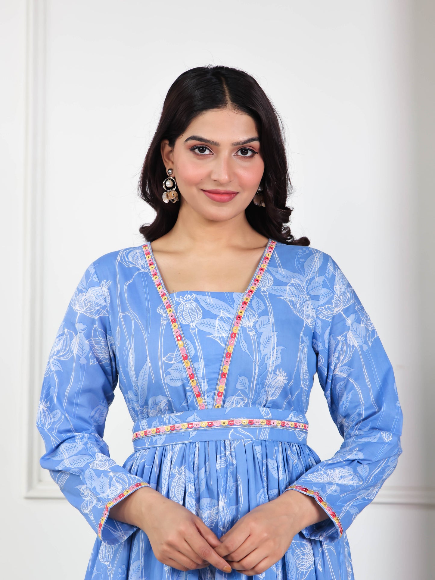 Embroidered Soft Cotton Abstract Gathered Blue Dress