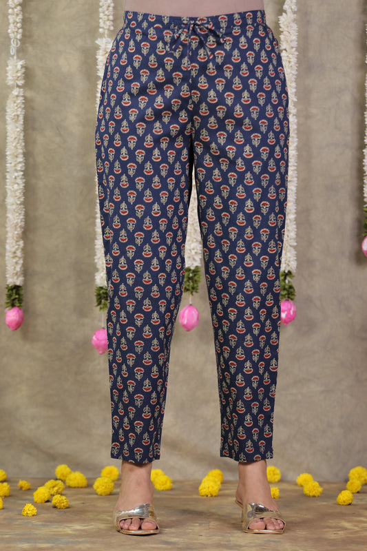 Soft Cotton Geometric Blue Tapered Trousers