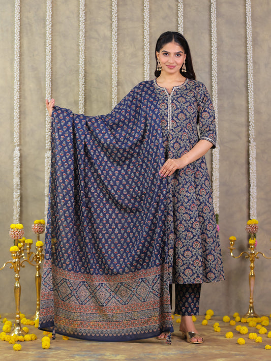 Cotton Voile Geometric Blue Dupatta