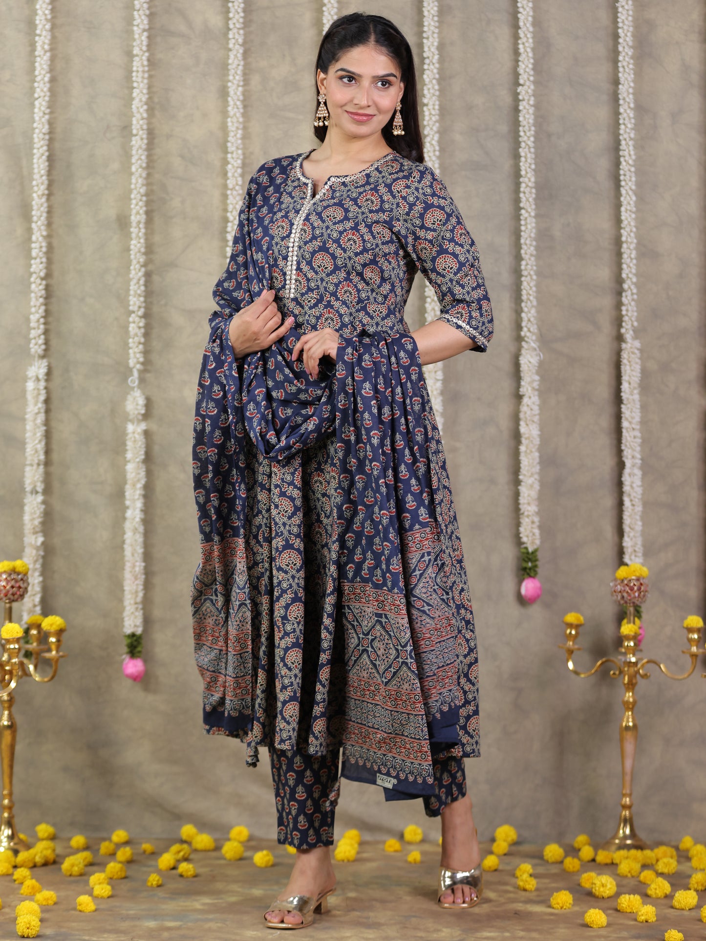 Embroidered Soft Cotton Geometric Anarkali Blue Kurta