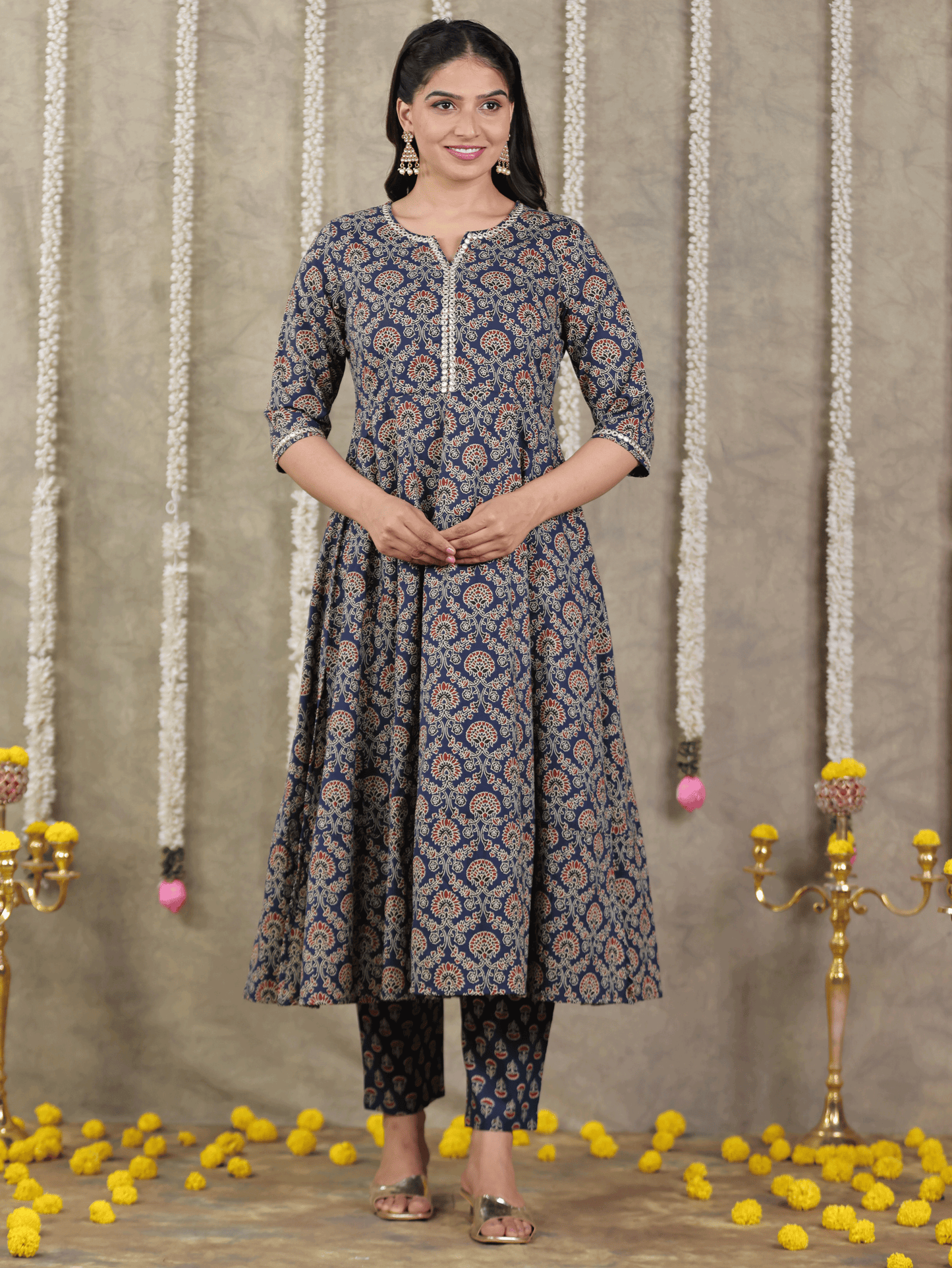 Embroidered Soft Cotton Geometric Anarkali Blue Kurta