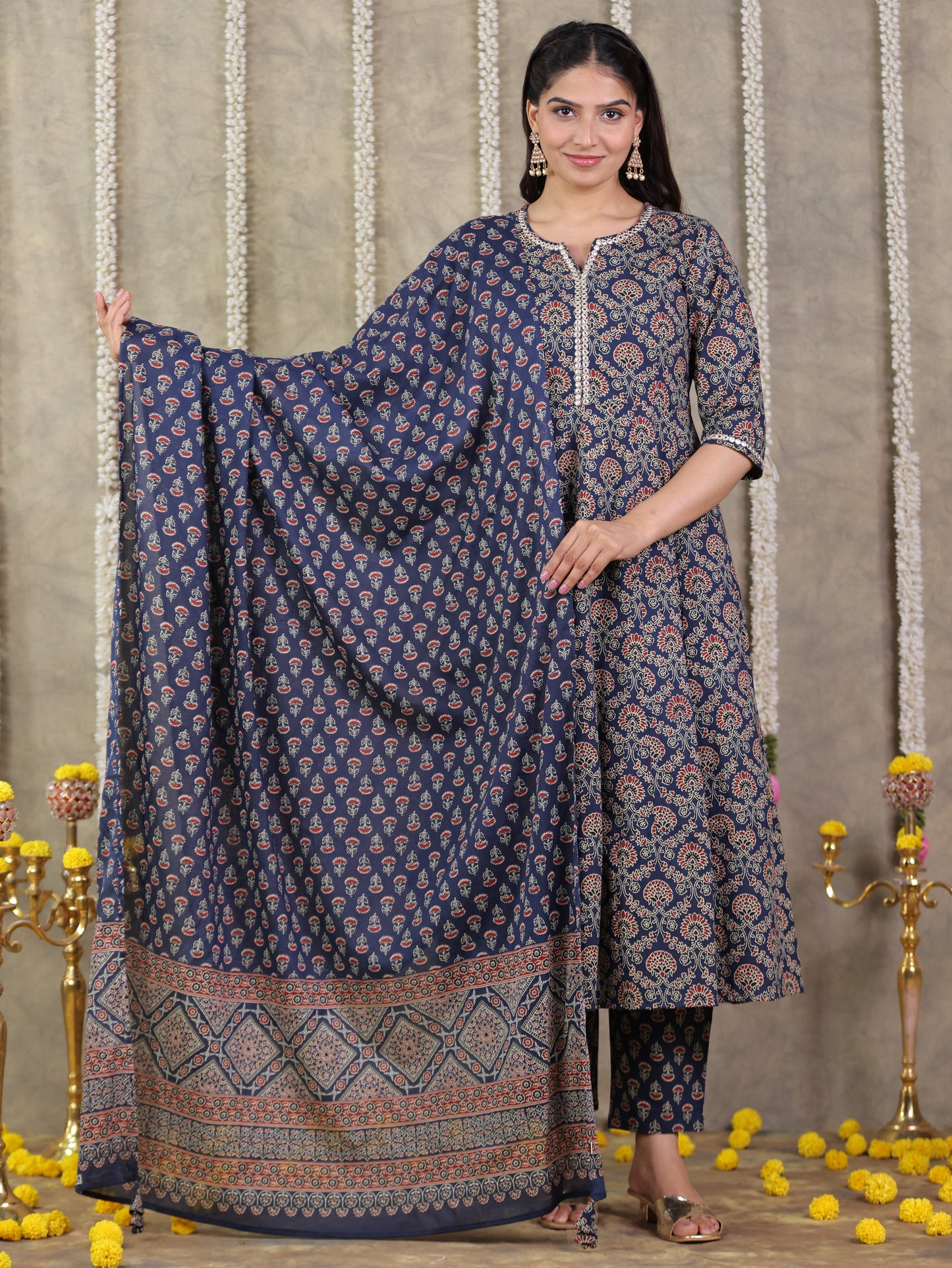 Embroidered Soft Cotton Geometric Anarkali Blue Kurta