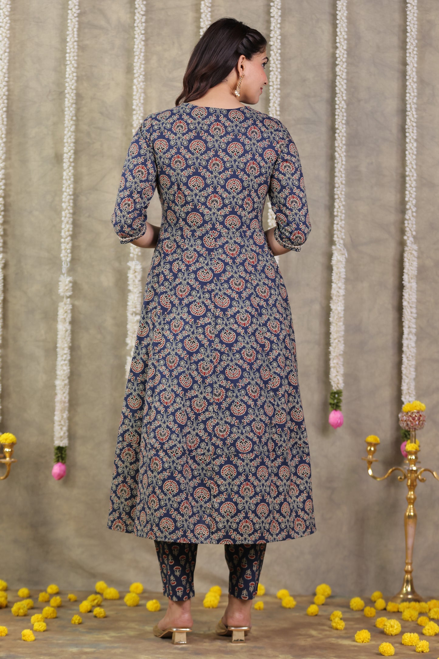 Embroidered Soft Cotton Geometric Anarkali Blue Kurta
