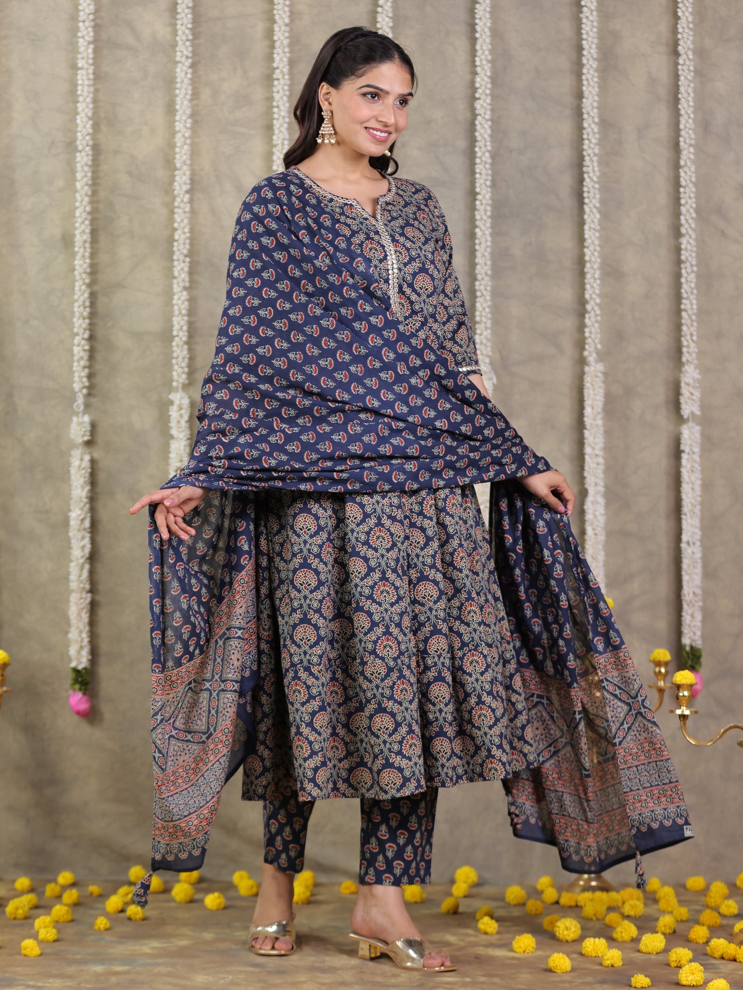 Embroidered Soft Cotton Geometric Anarkali Blue Kurta