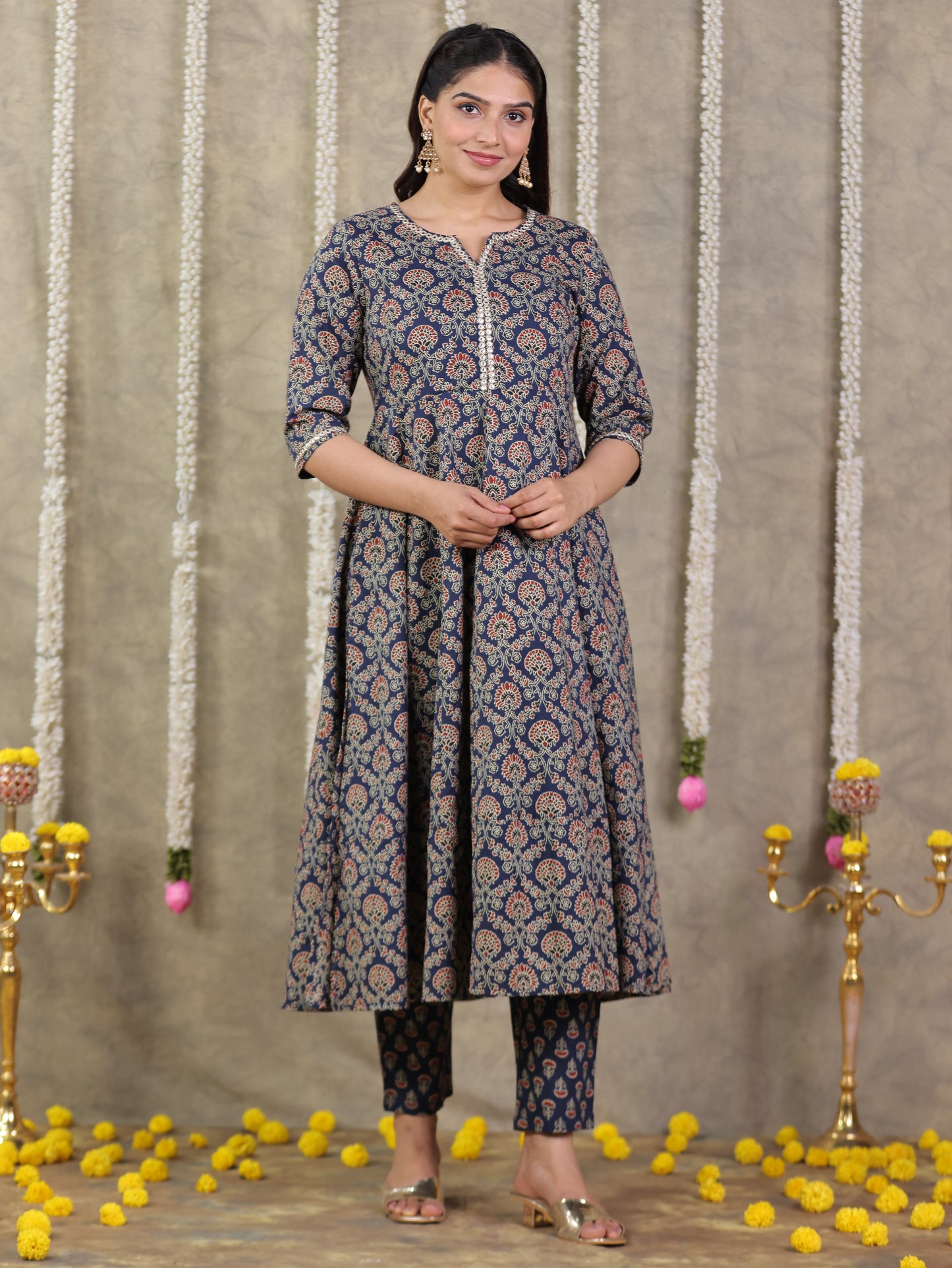 Embroidered Soft Cotton Geometric Anarkali Blue Kurta