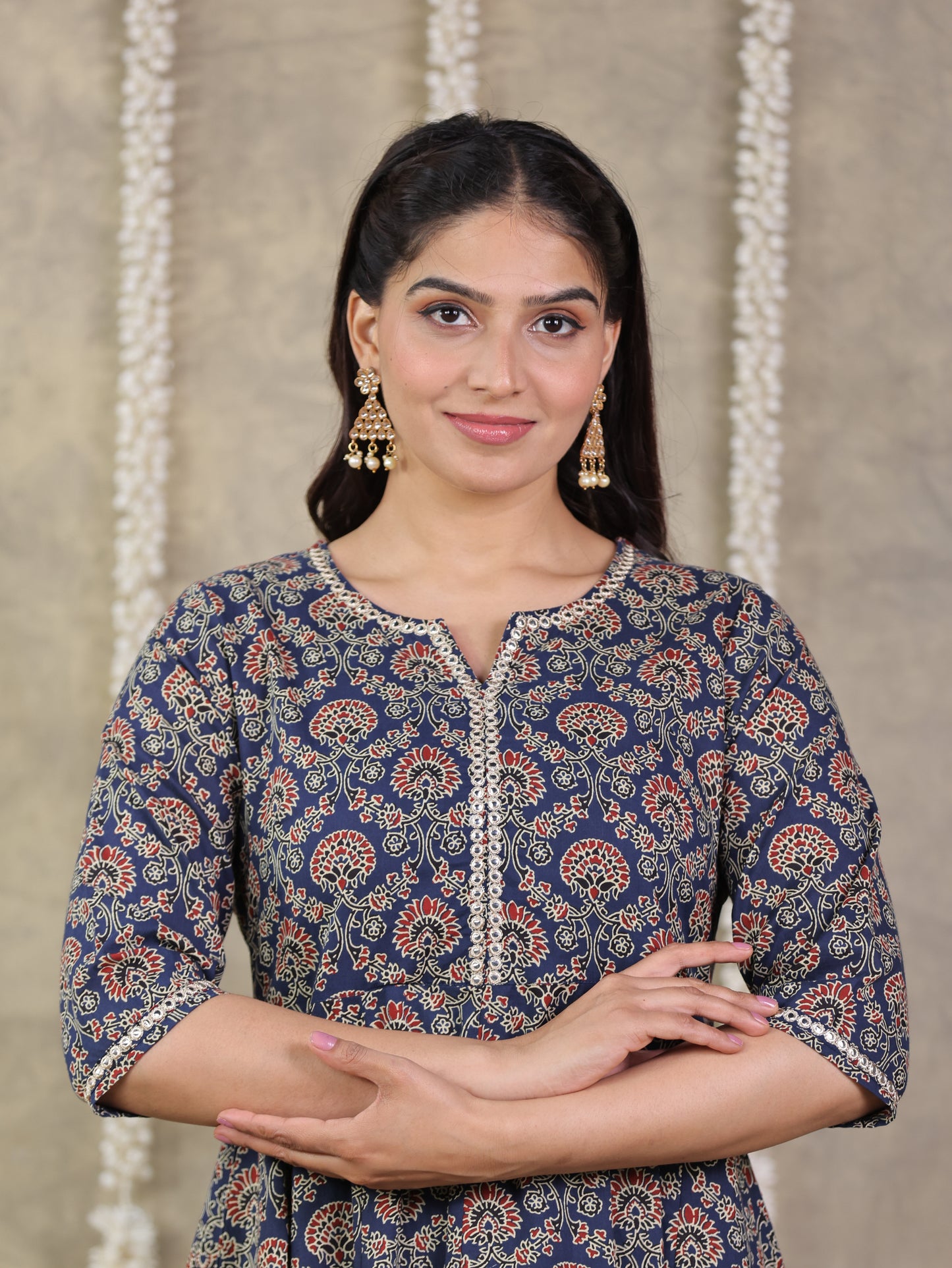 Embroidered Soft Cotton Geometric Anarkali Blue Kurta