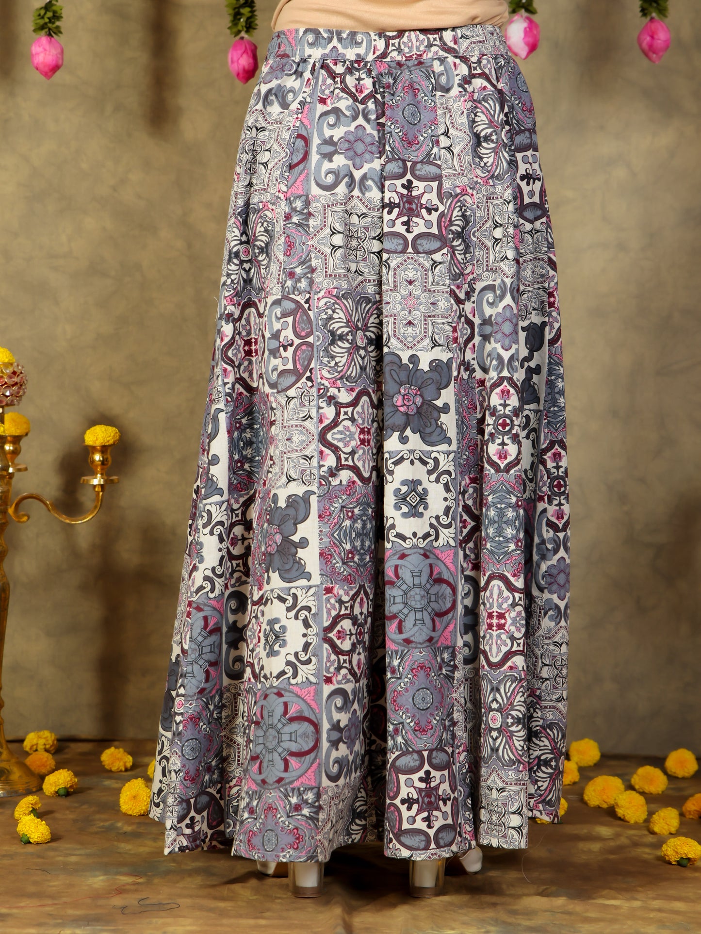 Linen Cotton Geometric Off White Skirt