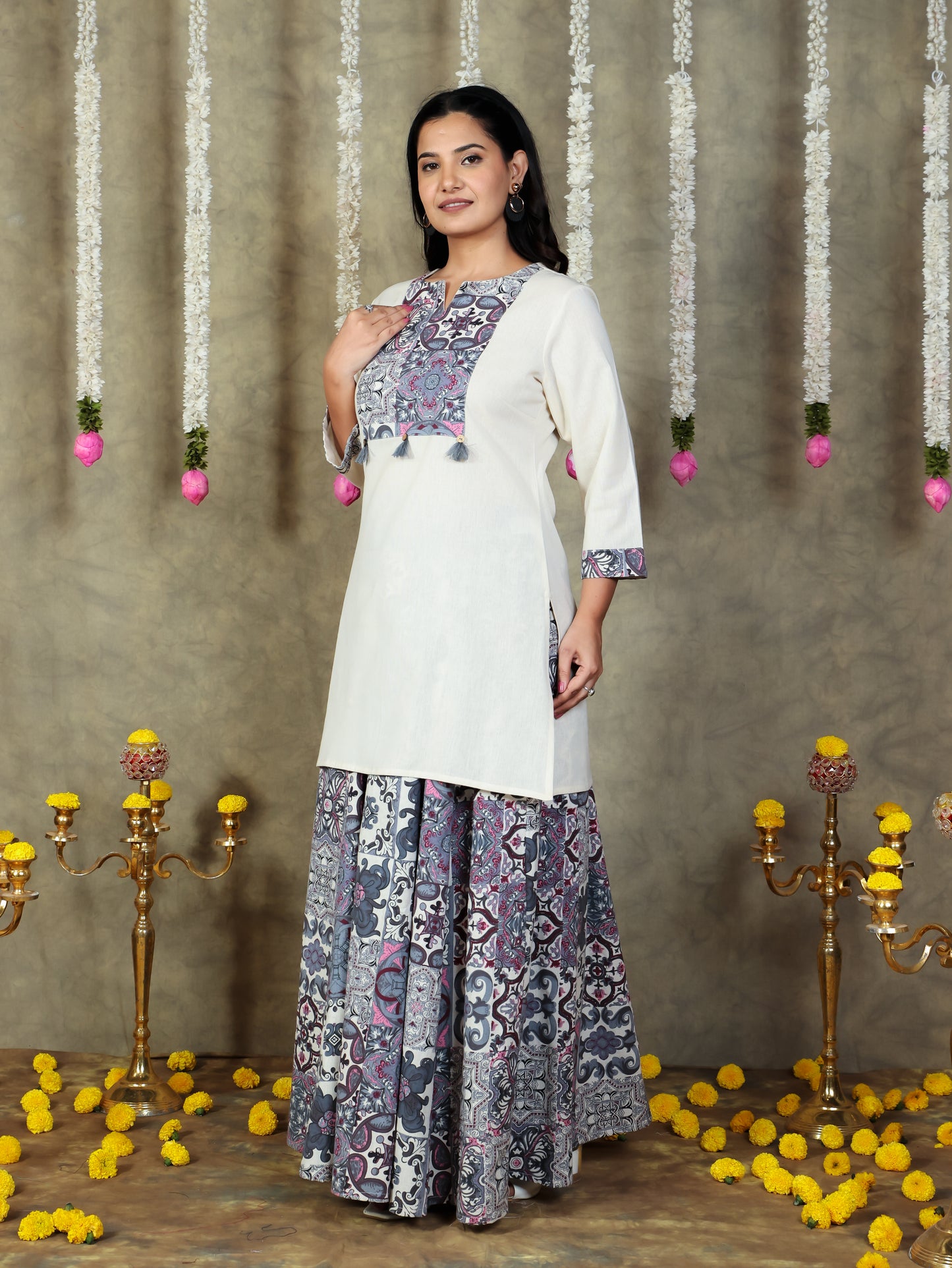 Linen Cotton Solid Straight Off White Kurta