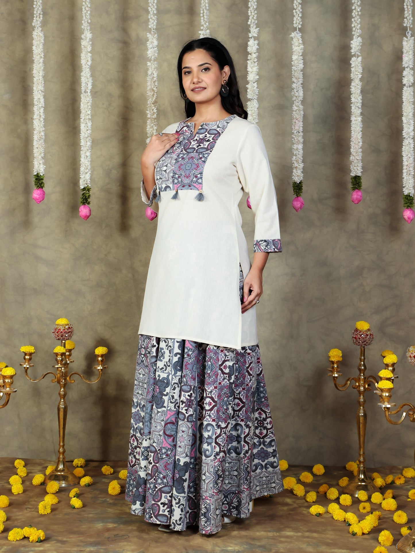 Linen Cotton Solid Straight Off White Kurta