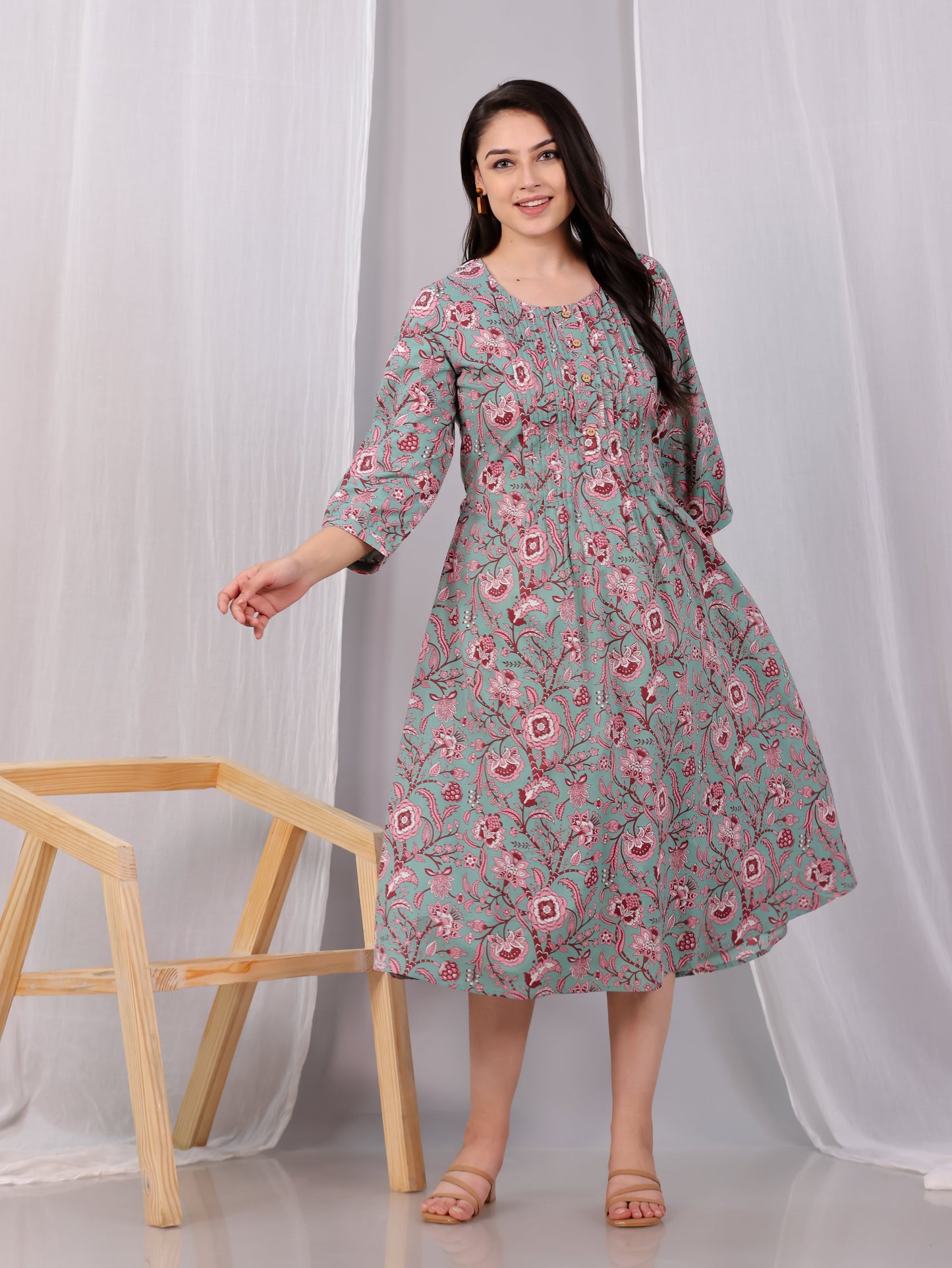 Soft Cotton Floral Flared Green Dress