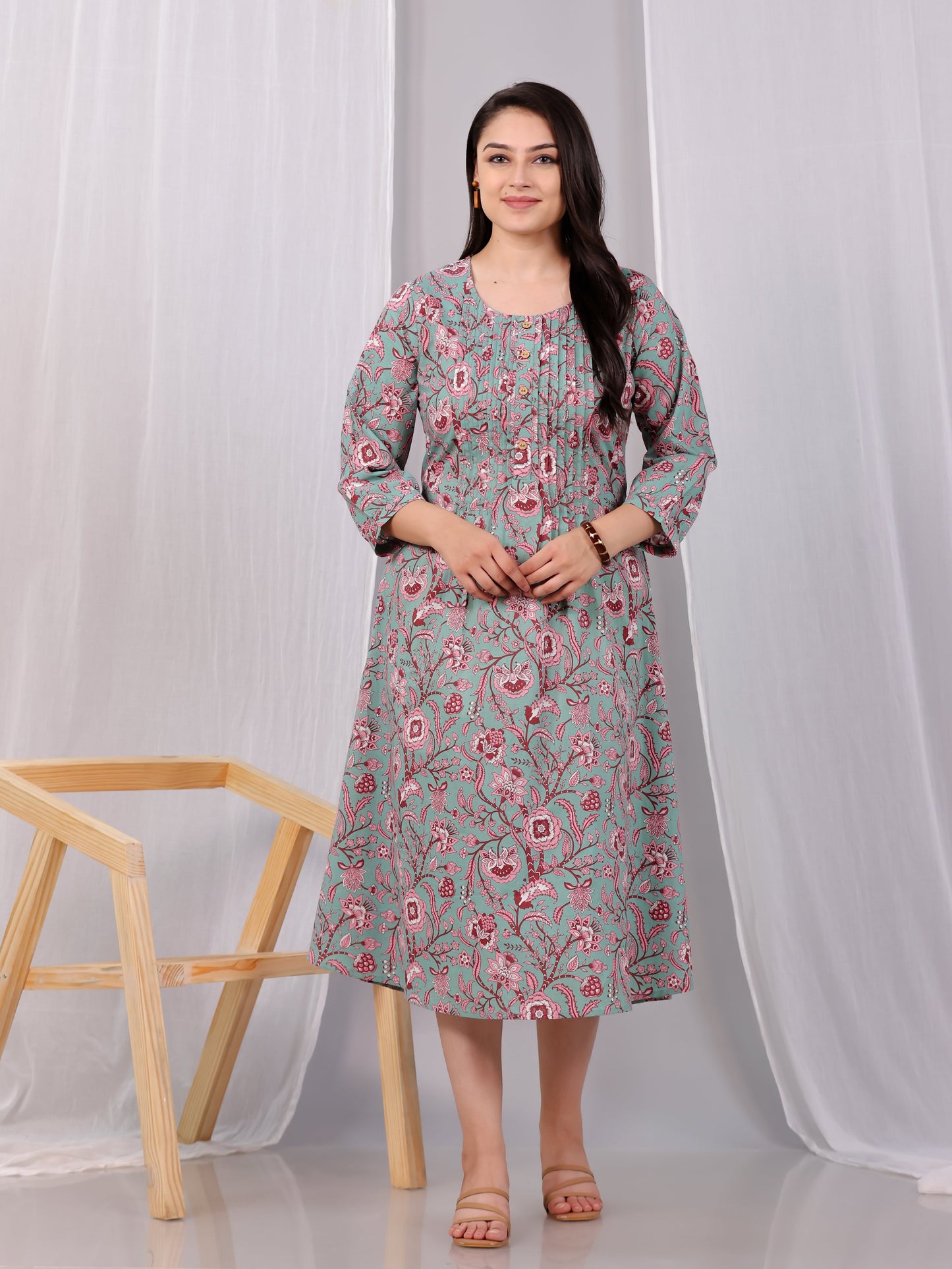 Soft Cotton Floral Flared Green Dress