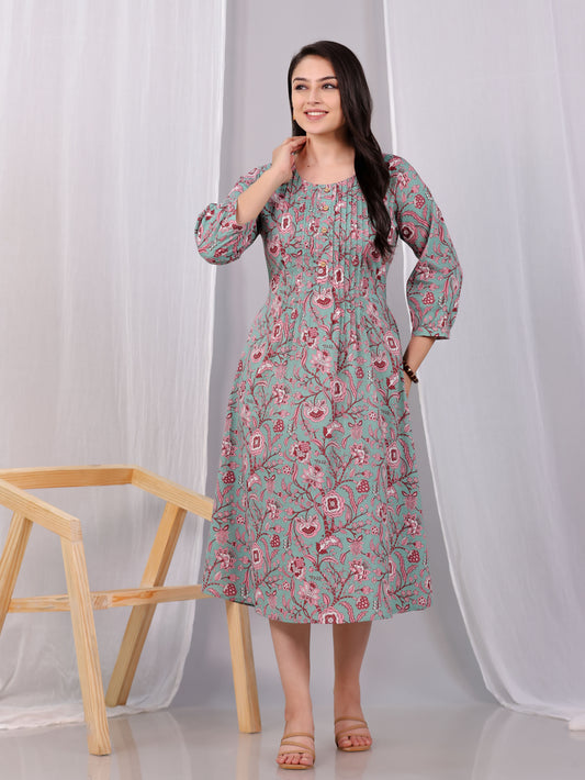 Soft Cotton Floral Flared Green Dress