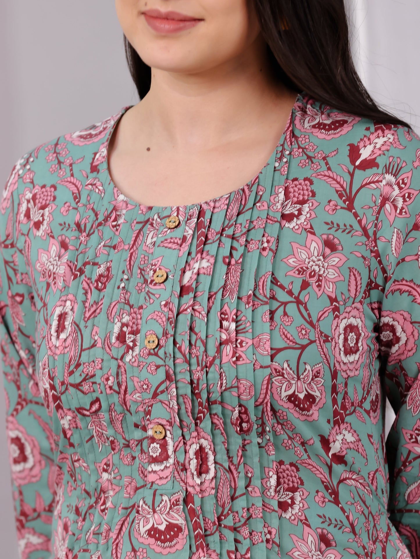 Soft Cotton Floral Flared Green Dress