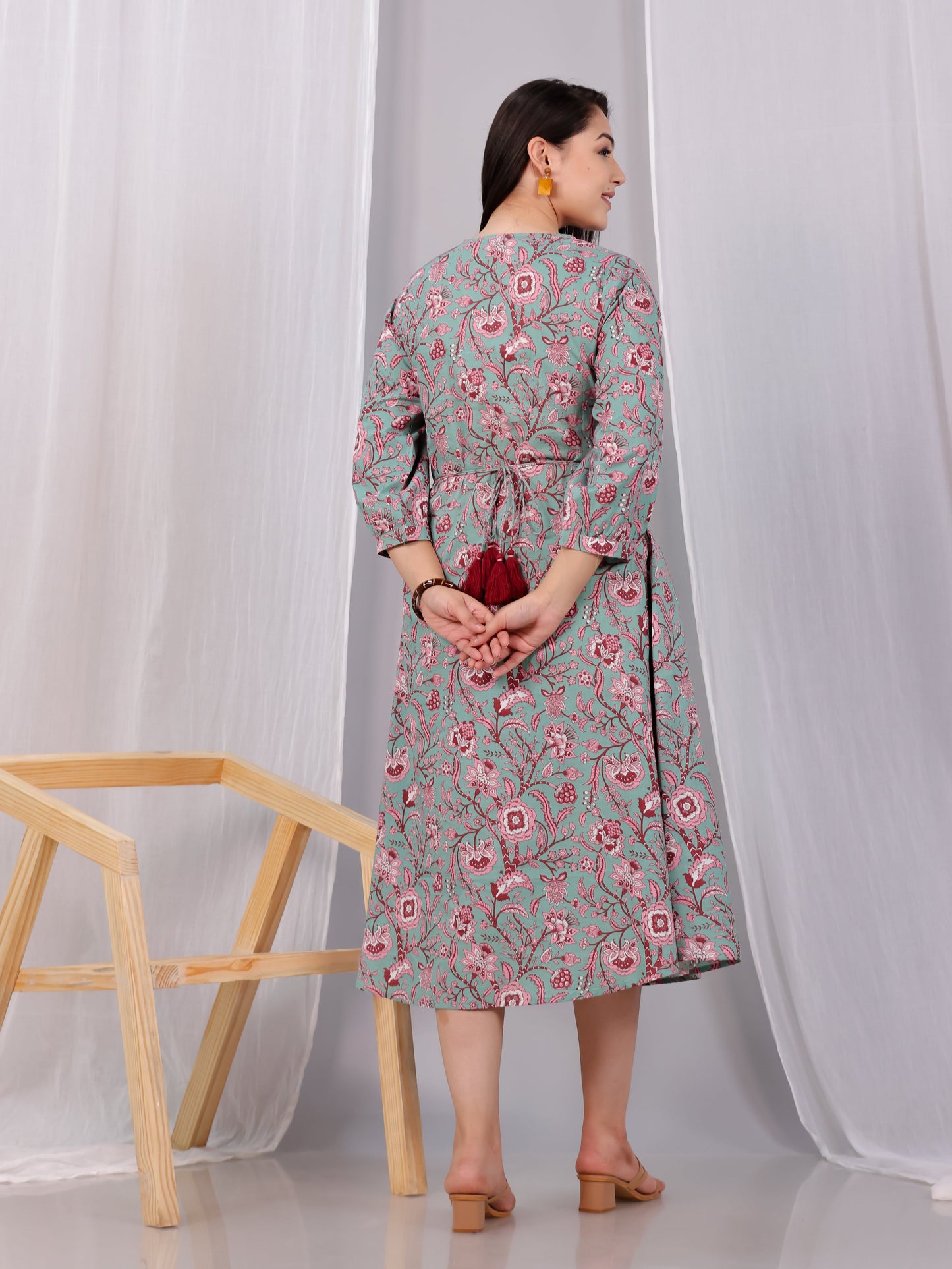 Soft Cotton Floral Flared Green Dress