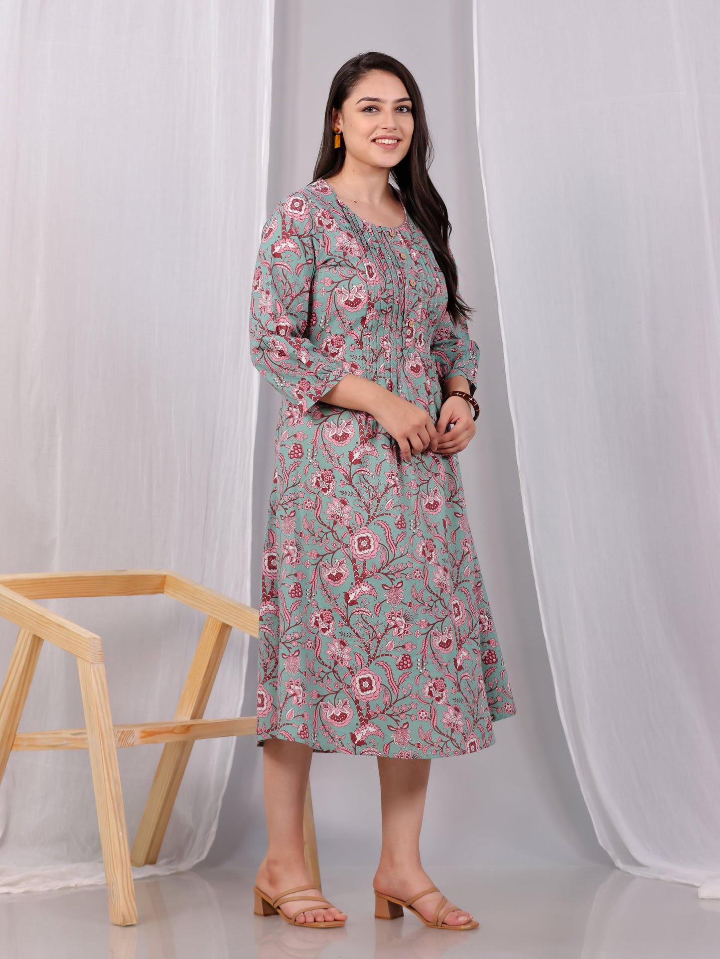 Soft Cotton Floral Flared Green Dress