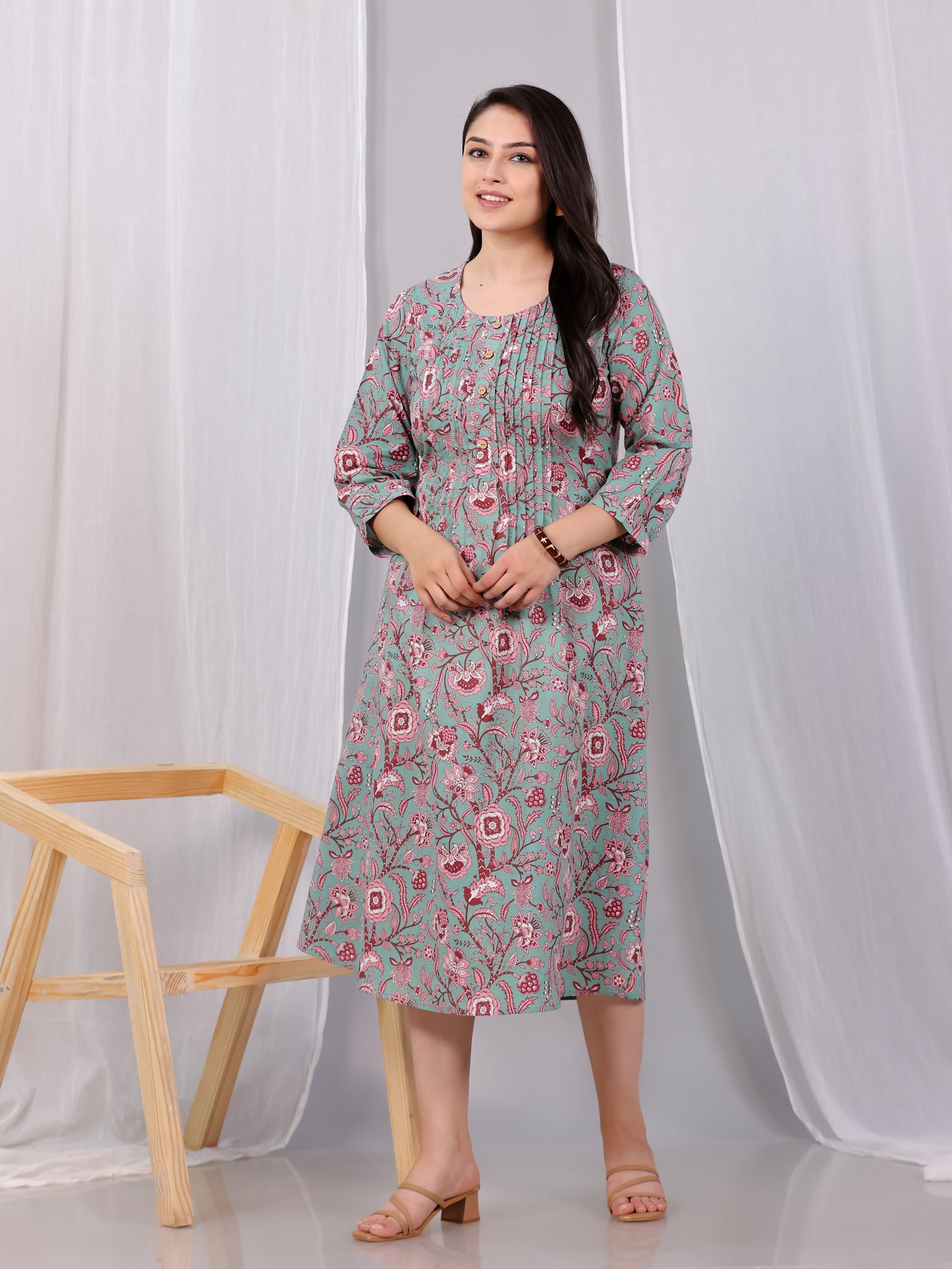 Soft Cotton Floral Flared Green Dress