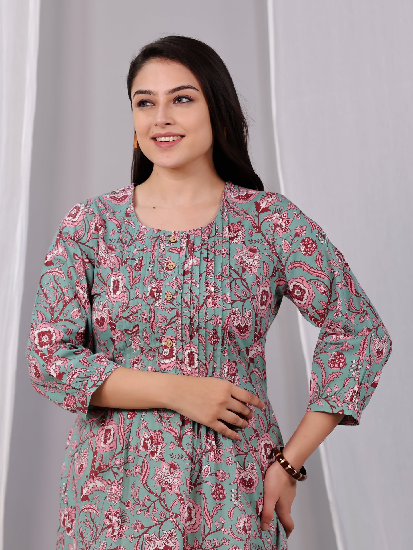 Soft Cotton Floral Flared Green Dress