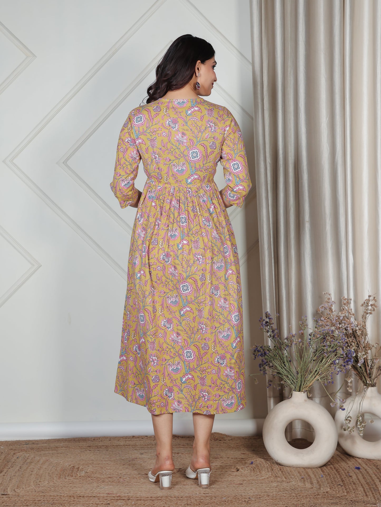 Soft Cotton Floral Gathered Yellow Dress